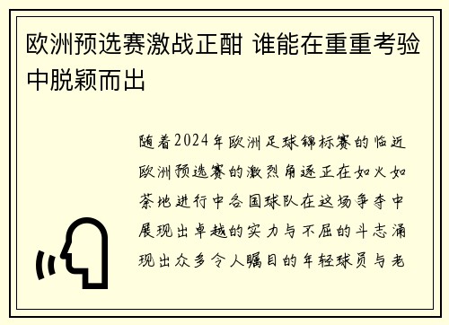 欧洲预选赛激战正酣 谁能在重重考验中脱颖而出